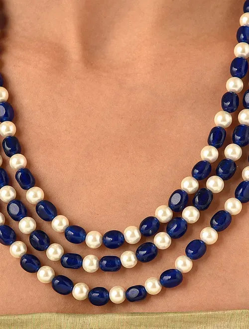 Triple Line Blue Quartz and Pearl Necklace