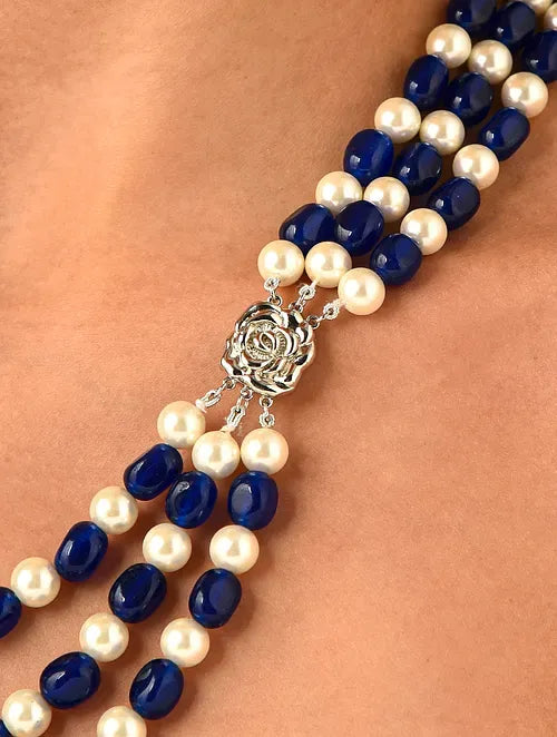 Triple Line Blue Quartz and Pearl Necklace