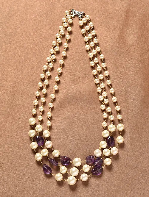 Shell Pearls and Amethyst Triple Line Necklace