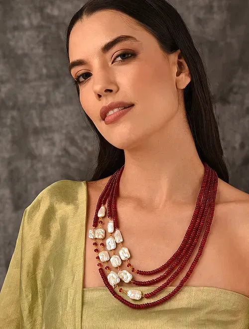 Statement Red Jade and Freshwater Pearl Necklace