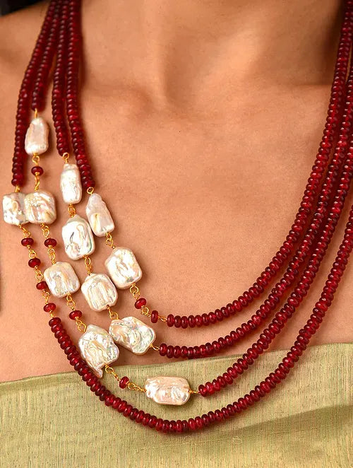 Statement Red Jade and Freshwater Pearl Necklace