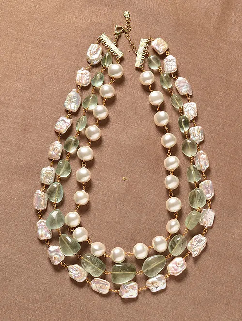 Triple Line Freshwater Pearl, Shell Pearl and Flouride Necklace