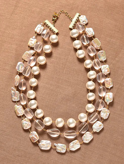 Triple Line Shell Pearl and Rose Quartz Necklace