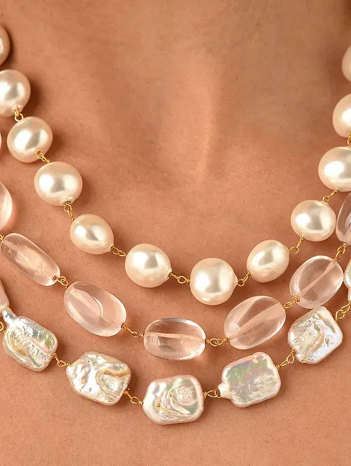 Triple Line Shell Pearl and Rose Quartz Necklace