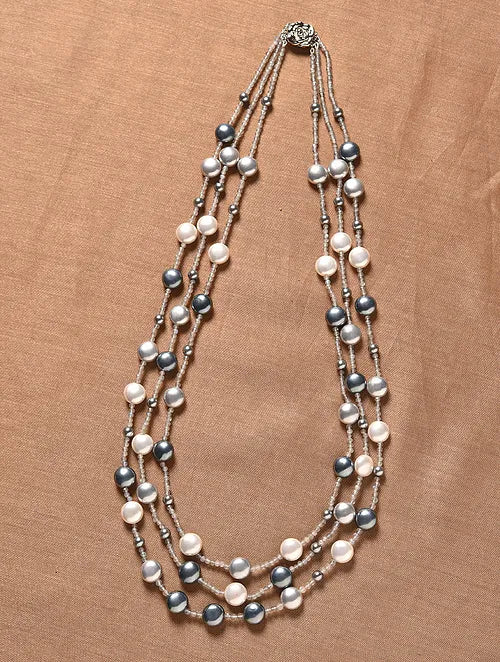 Triple Line Grey, White Shell Pearl and Labradorite Necklace