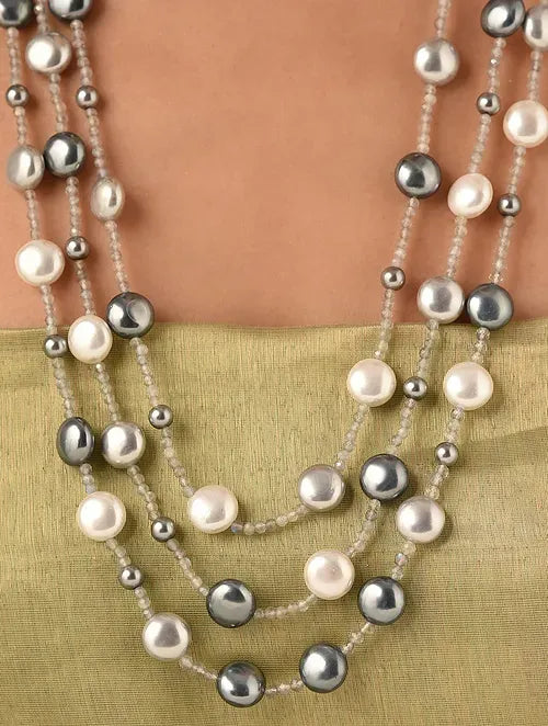 Triple Line Grey, White Shell Pearl and Labradorite Necklace