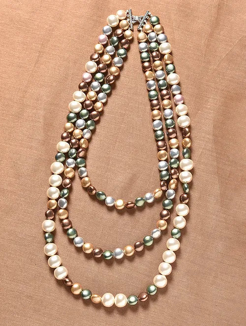 Triple Line White and Multicolor Shell Pearl Necklace