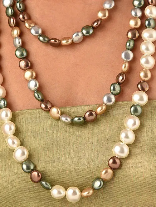 Triple Line White and Multicolor Shell Pearl Necklace