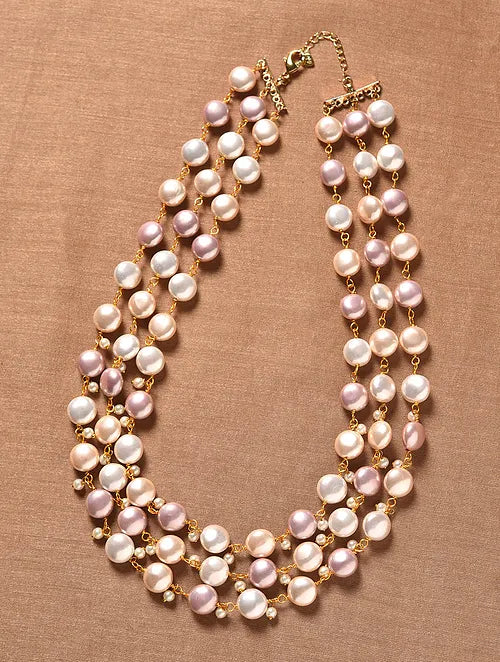 Triple Line Pink and White Shell Pearl Necklace