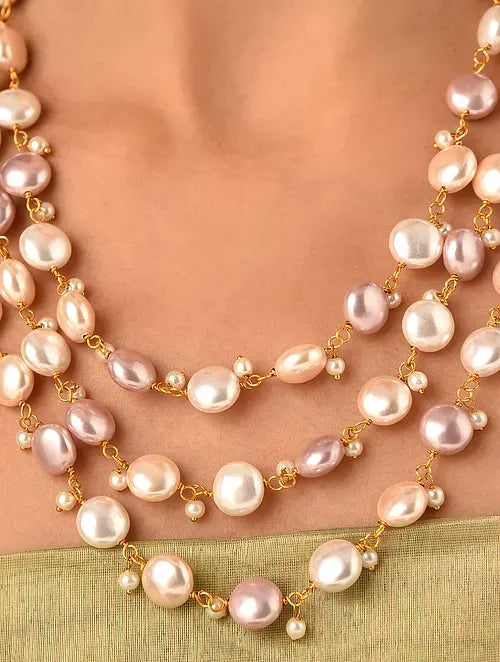 Triple Line Pink and White Shell Pearl Necklace