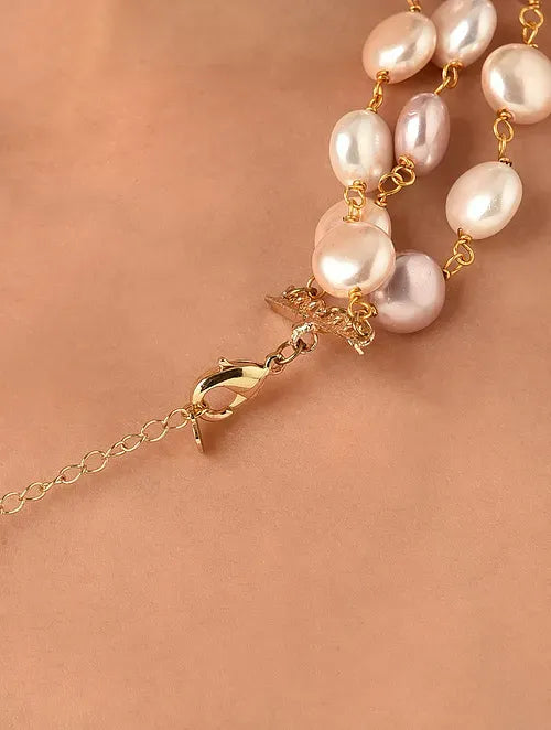 Triple Line Pink and White Shell Pearl Necklace