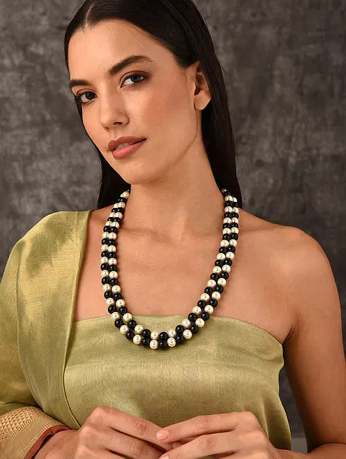 Double Line Black Onyx and Shell Pearl Necklace