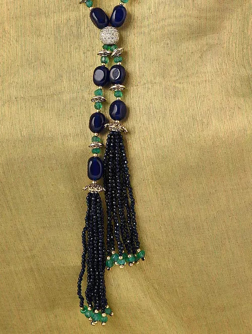 Single Line Blue Quartz and Green Onyx Long Necklace with Tassels