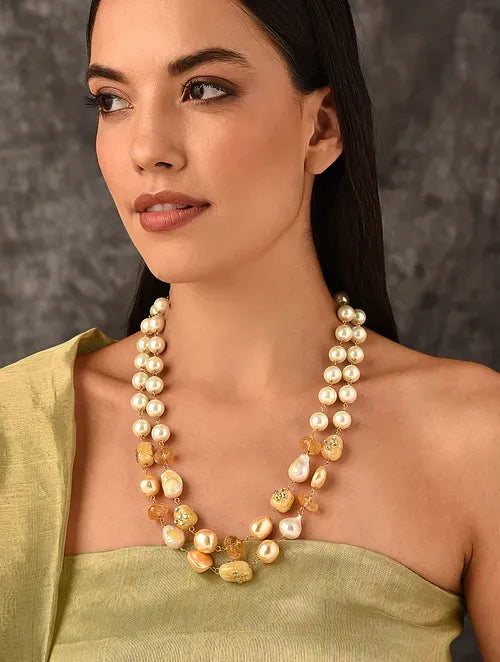 Double Line Shell Pearl Necklace with Semiprecious Topaz Beads