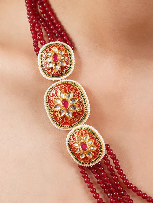 Traditional Red Jade Kundan Long Necklace