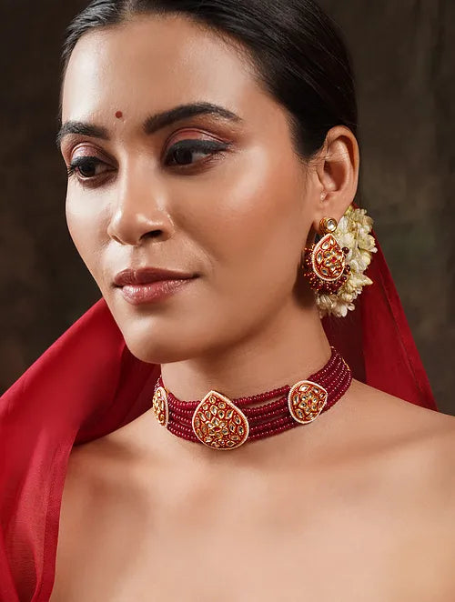 Traditional Red Kundan Choker with Earrings