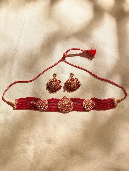 Traditional Red Kundan Choker with Earrings