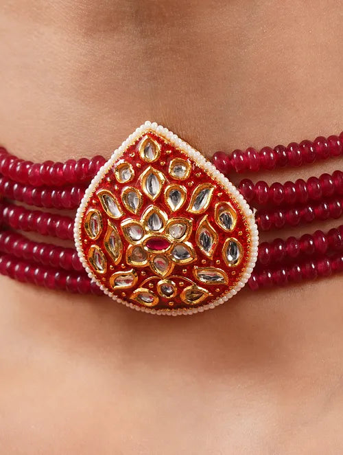 Traditional Red Kundan Choker with Earrings