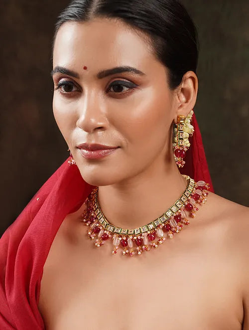 Traditional Red and Pink Polki Necklace with Earrings