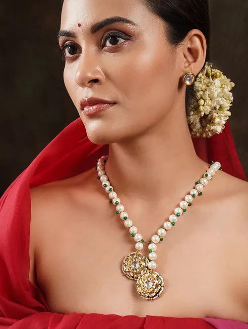 Pearl Long Kundan Necklace with Earrings