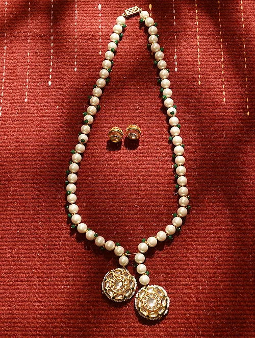 Pearl Long Kundan Necklace with Earrings