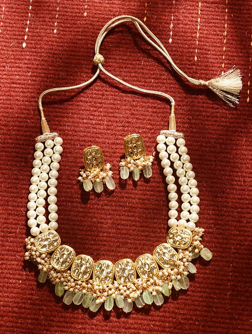 Mint and Pearl Kundan Necklace with Earrings