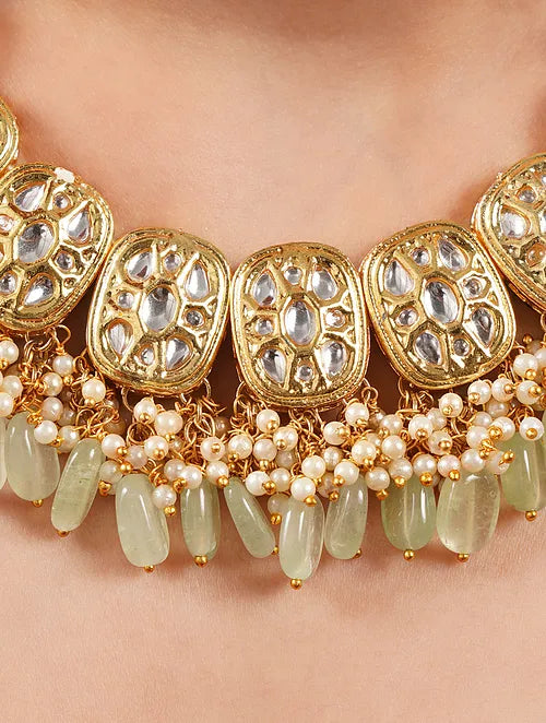 Mint and Pearl Kundan Necklace with Earrings