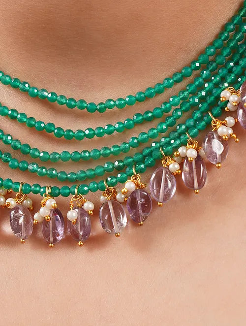 Green Jade and Amethyst Necklace with Earrings