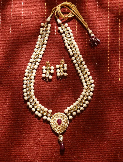 Long Kundan and Pearl Necklace with Earrings