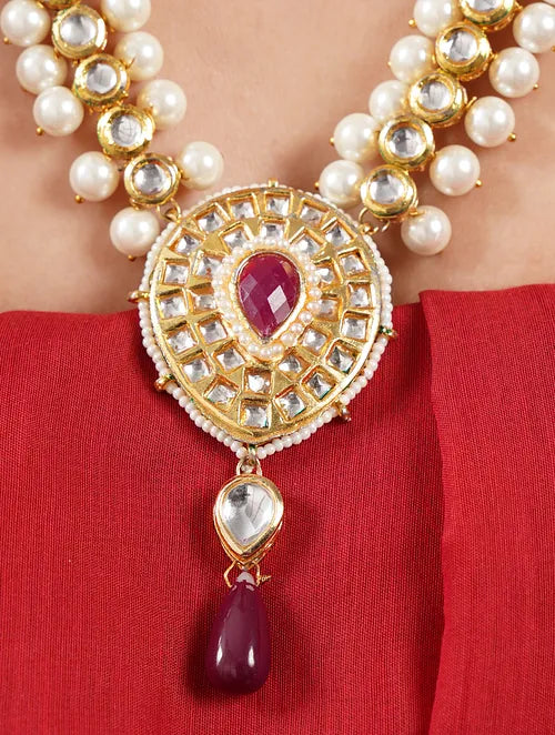 Long Kundan and Pearl Necklace with Earrings