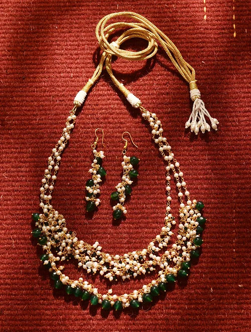 Pearl and Green Quartz Necklace with Earrings