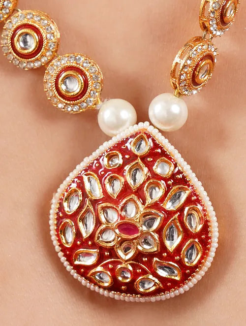 Red Kundan and Pearl Necklace with Earrings