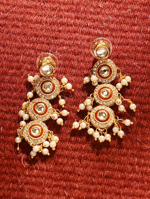 Red Kundan and Pearl Necklace with Earrings