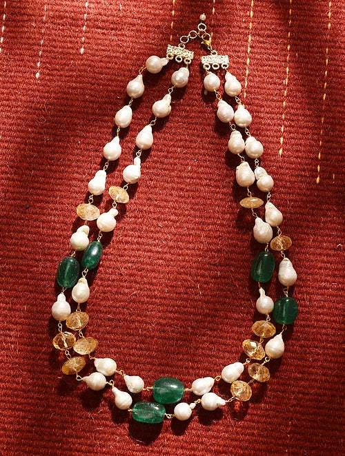 Double Line Topaz, Shell Pearls and Green Jade String