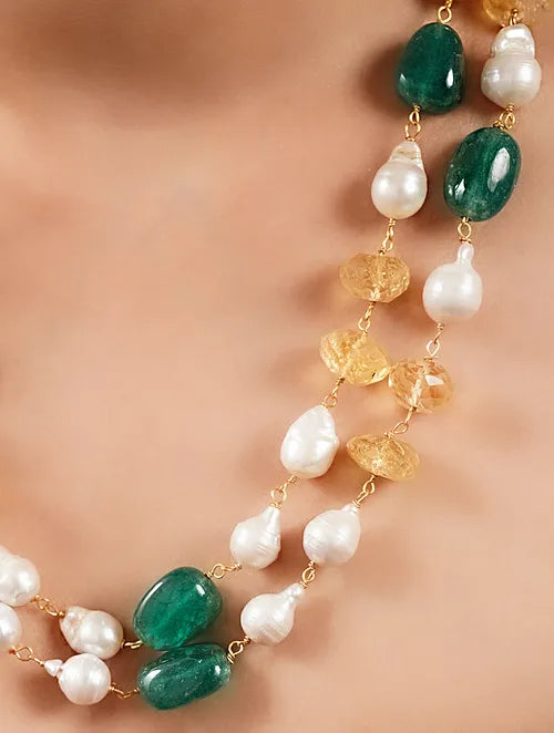 Double Line Topaz, Shell Pearls and Green Jade String