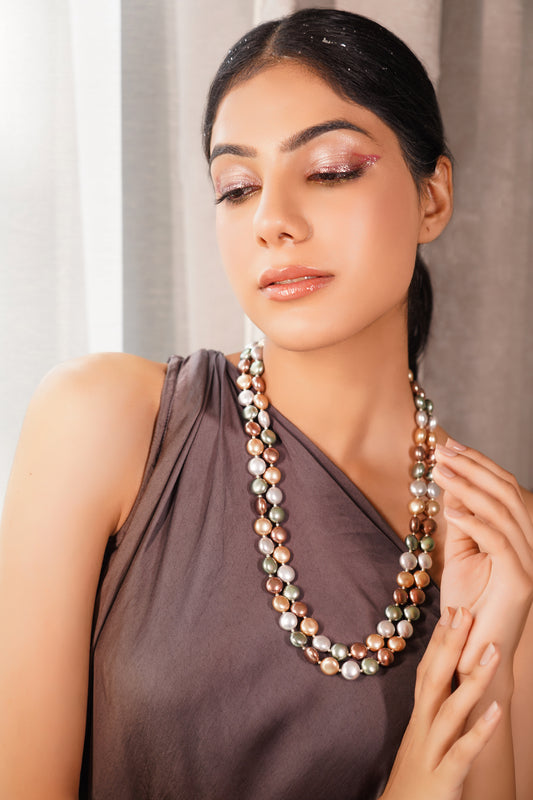 Double Line Multicolor Coin Shell Pearl Necklace