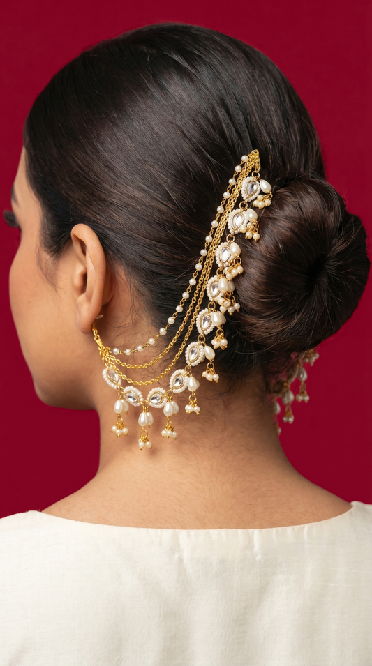 Elegant Kundan & Pearl Ear Chain