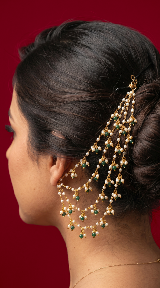Royal Pearl & Green Bead Ear Chain