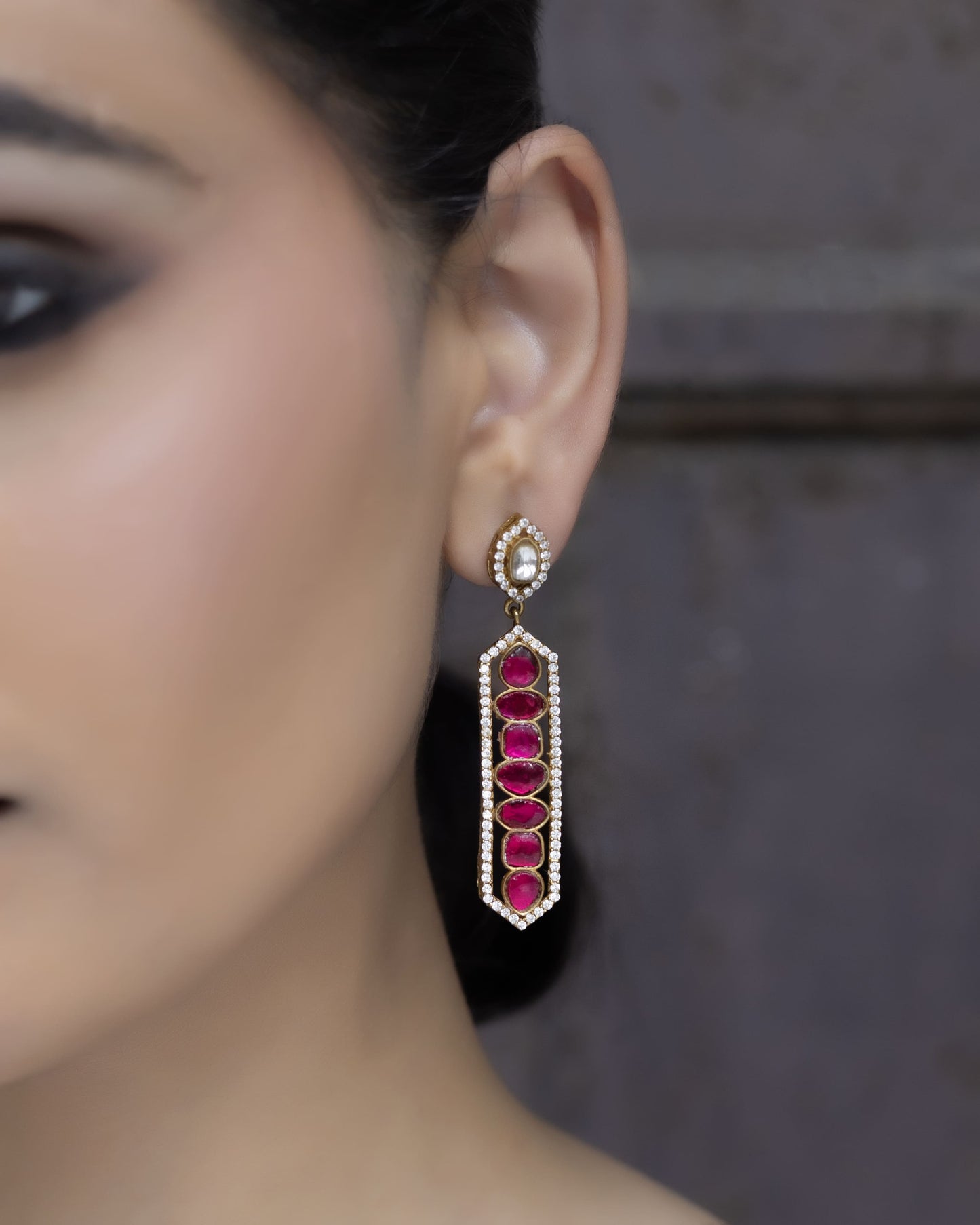 Ruhani – Ruby pink danglers, bold and festive.