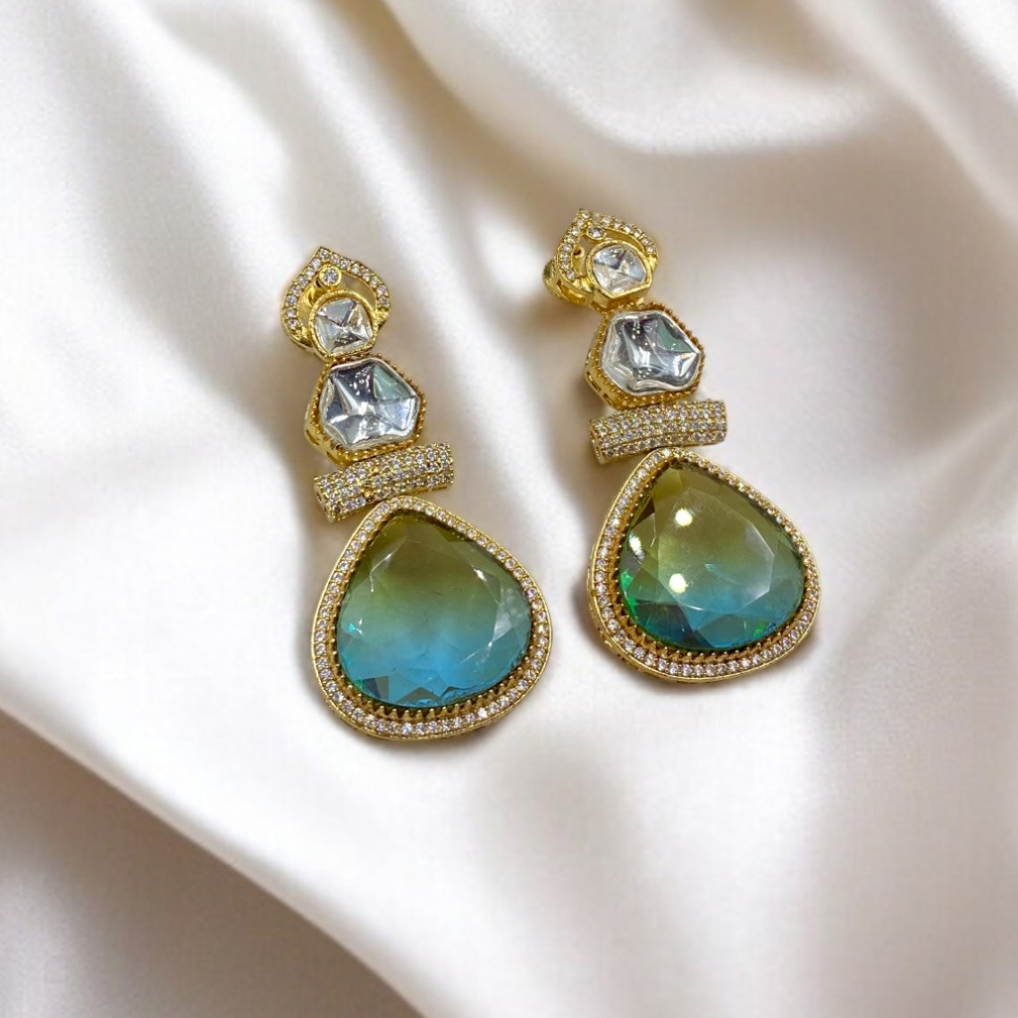 Samira – Polki & Aqua Stone Earrings