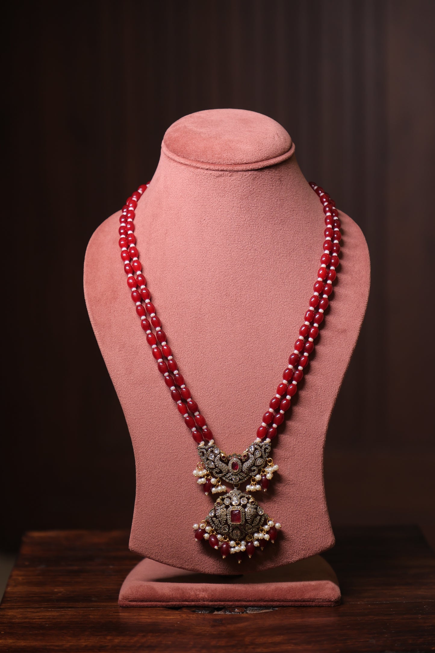 Aaradhya - Polki and Diamond Pendant with Red Quartz Beads and Earrings