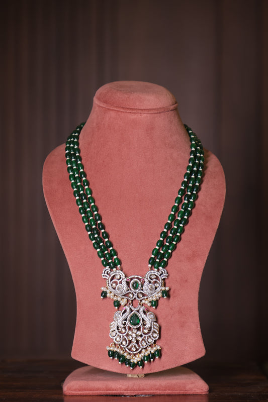 Aaradhya - Polki and Diamond Pendant with Semiprecious Green Quartz Beads and Earrings