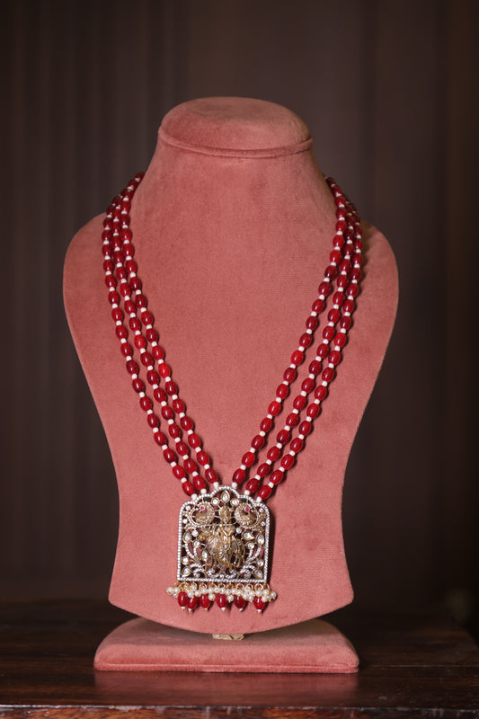 Aaradhya - Triple Line Red Quartz Krishna Polki and Diamond Pendant with Earrings