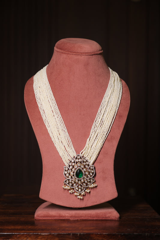 Aaradhya - Pearl Stringing with Diamond and Polki Pendant and Earrings