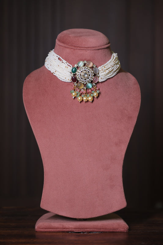 Aaradhya - Navratan Polki and Pearl Choker with Earrings