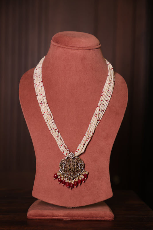 Aaradhya - Polki and Diamond Ram Sita Pendant with Pearl String and Earrrings