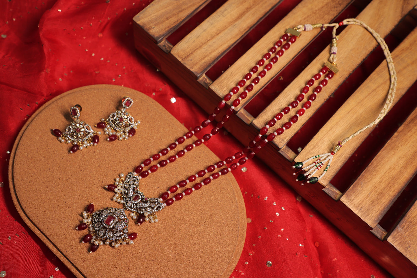 Aaradhya - Polki and Diamond Pendant with Red Quartz Beads and Earrings