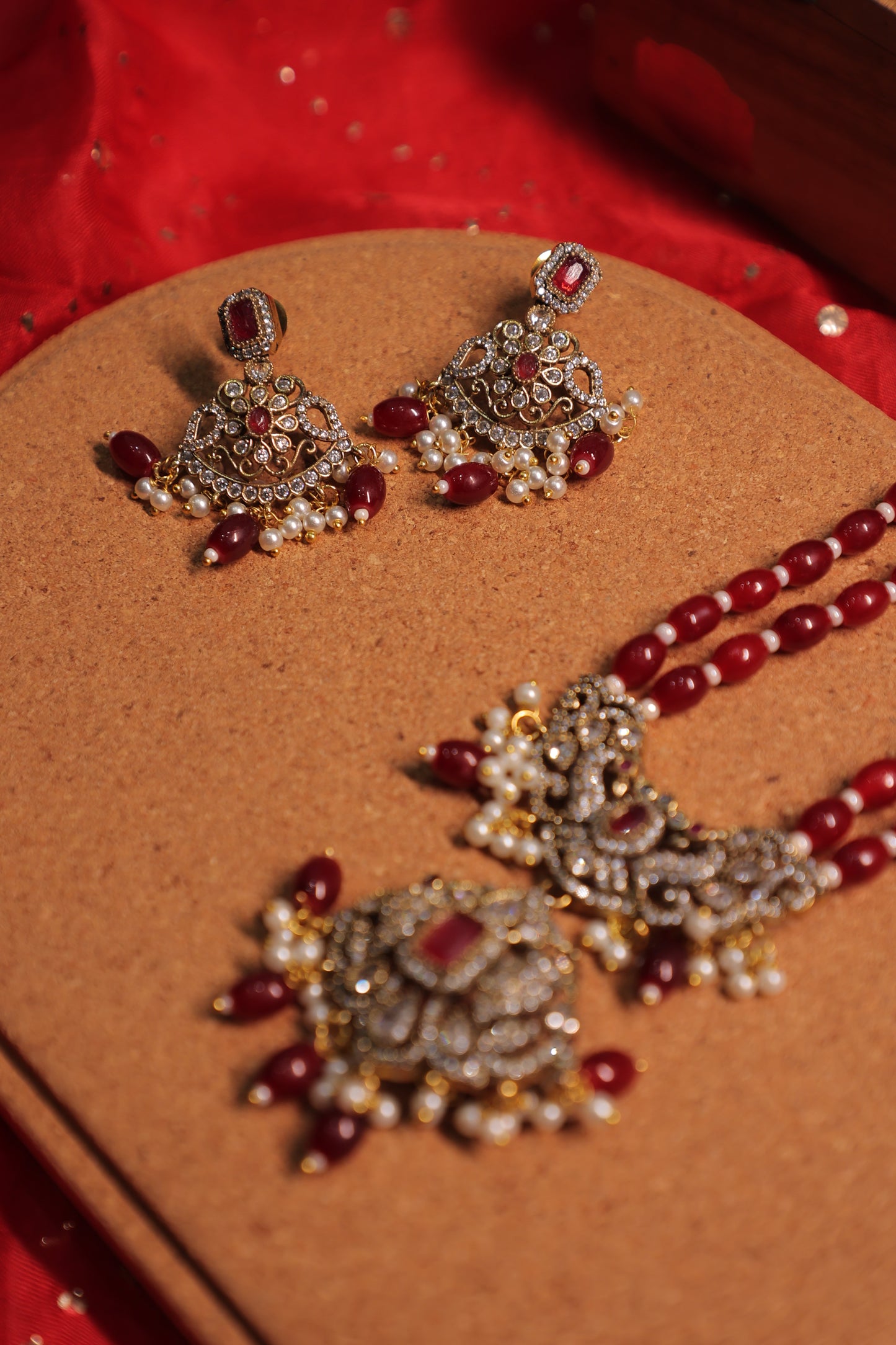 Aaradhya - Polki and Diamond Pendant with Red Quartz Beads and Earrings