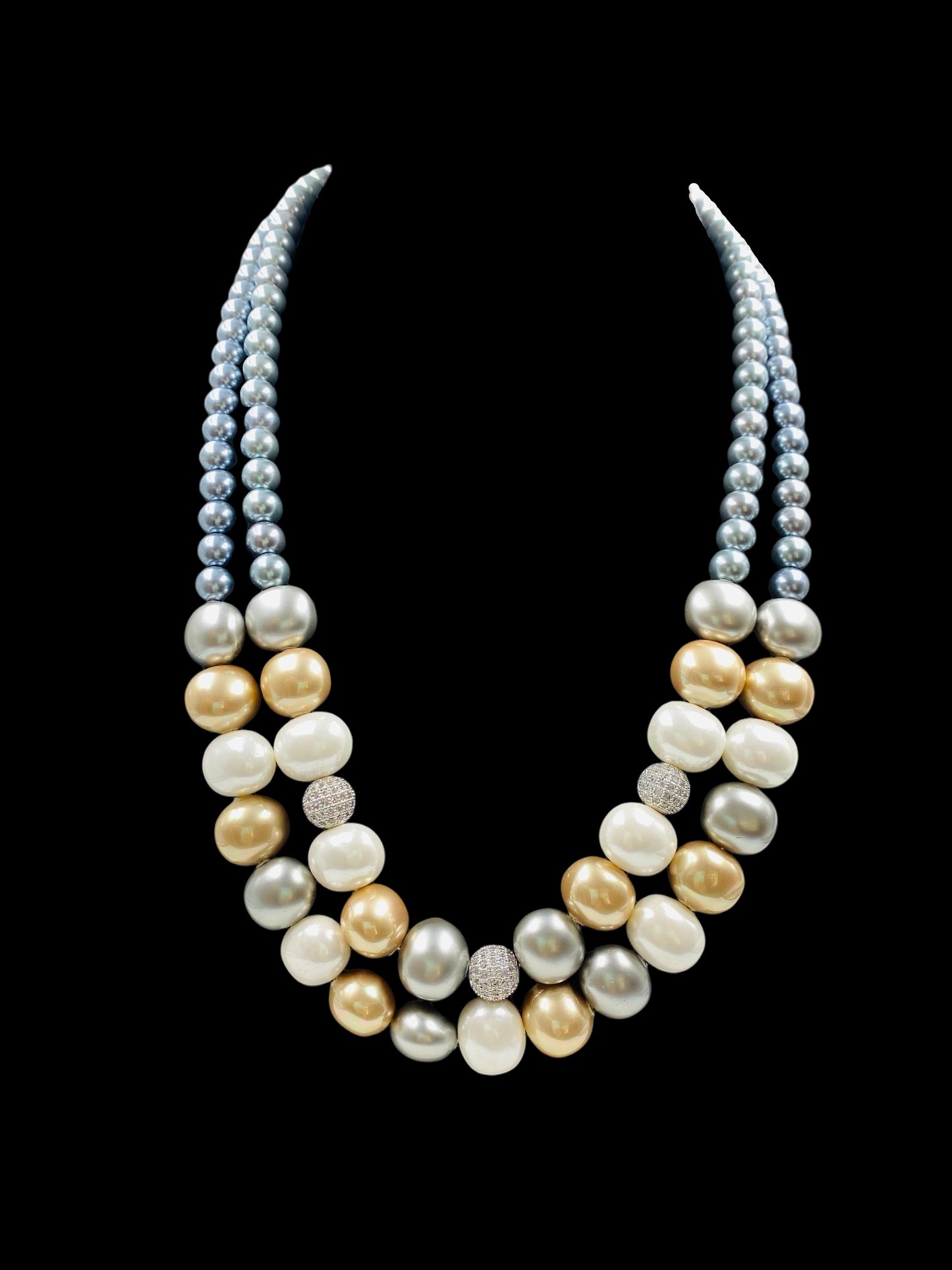 GREY SHELL PEARLS AND CRYSTAL DOUBLE LINE NECKLACE