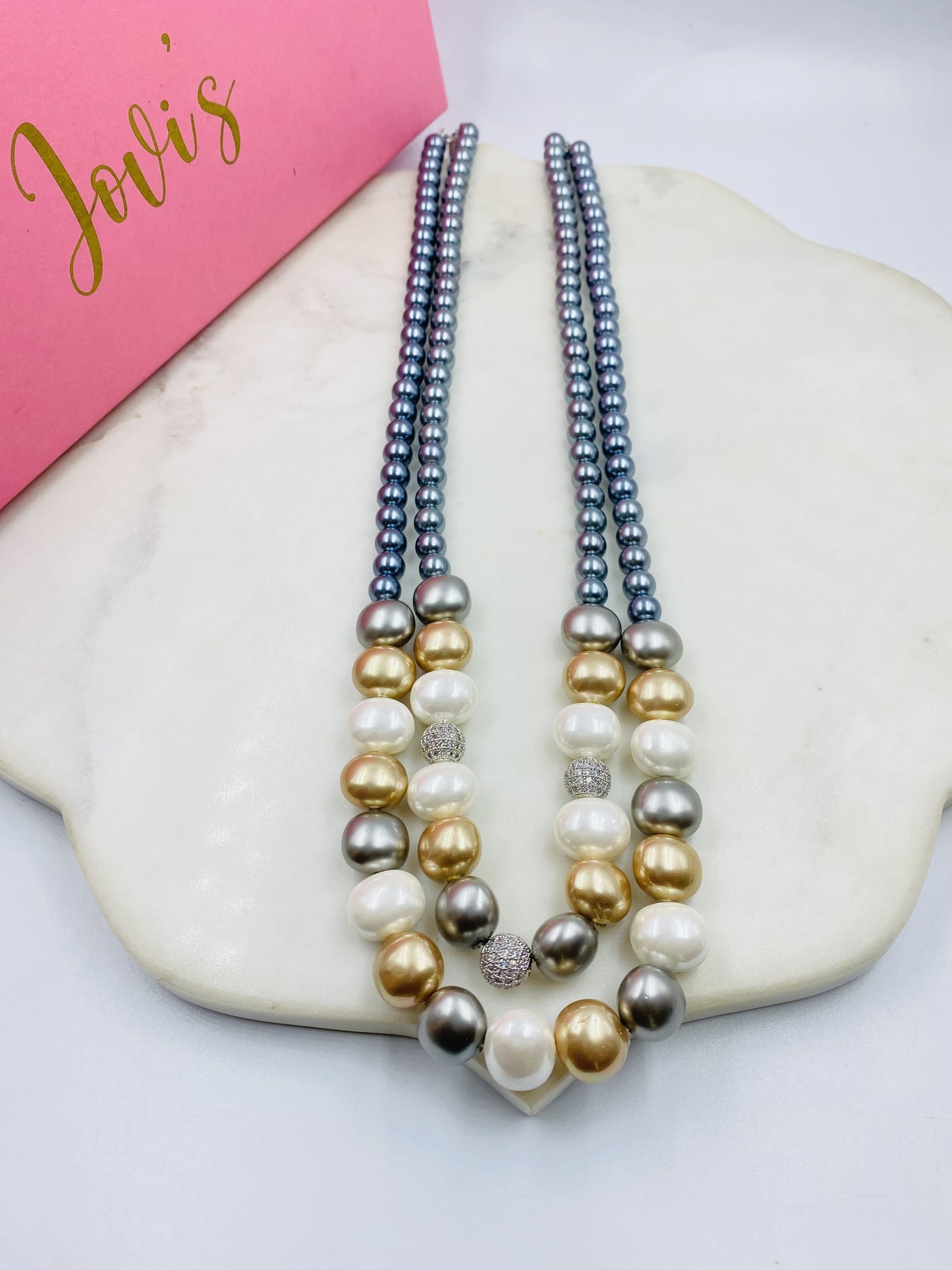 GREY SHELL PEARLS AND CRYSTAL DOUBLE LINE NECKLACE